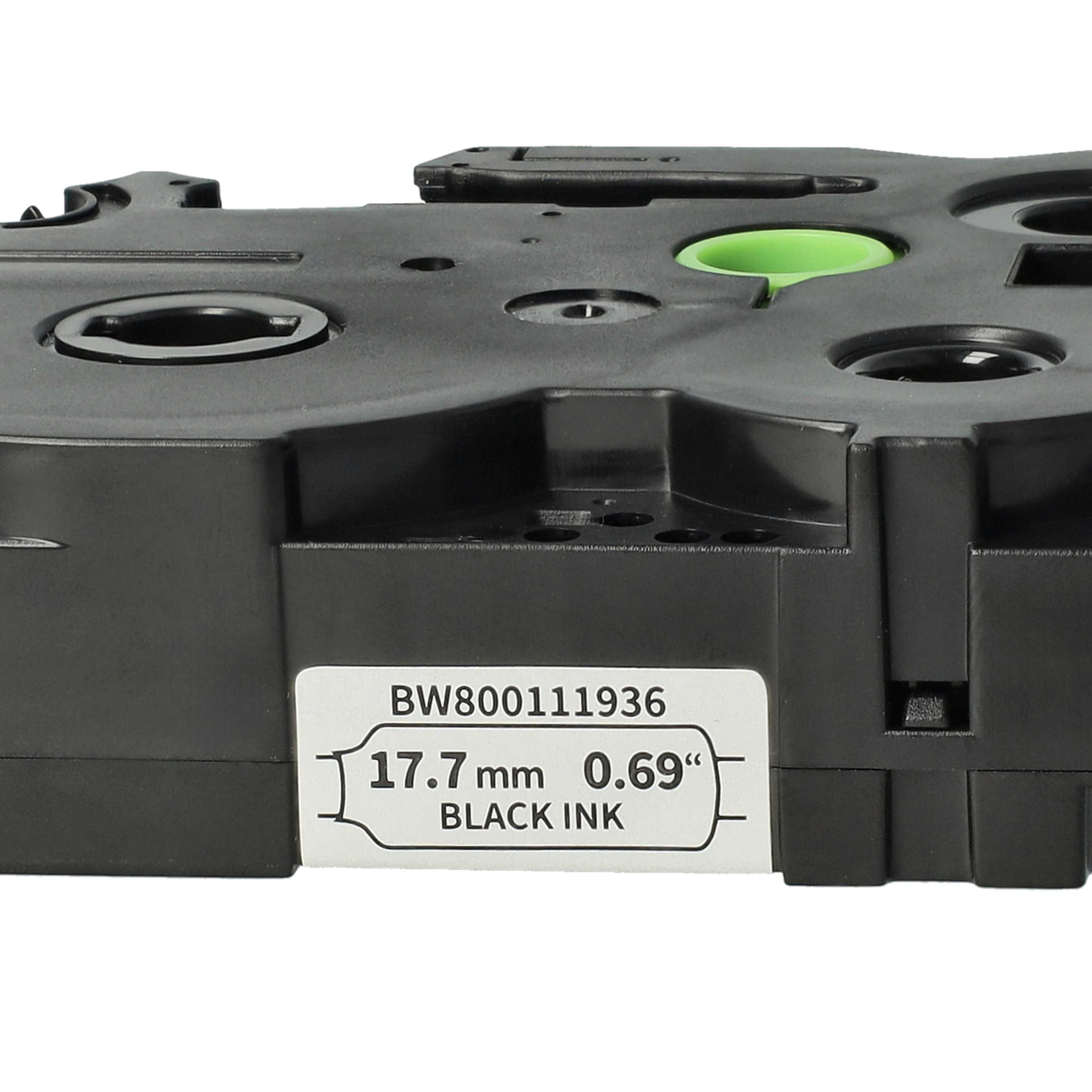 Eine schwarze Etikettenbandkassette mit einem grünen Rad. Sie hat ein Etikett mit dem Text 'BW800111936 17,7 mm 0,69 Zoll BLACK INK'.