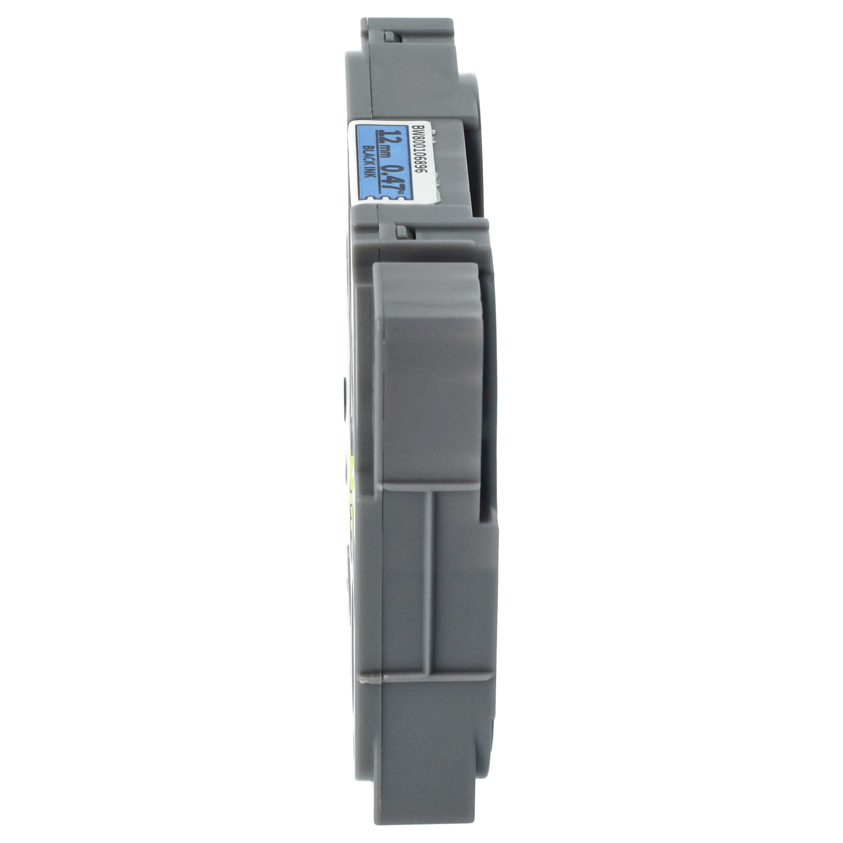 Ein graues rechteckiges elektronisches Bauteil mit blauem Etikett. Der Hintergrund ist weiß.
