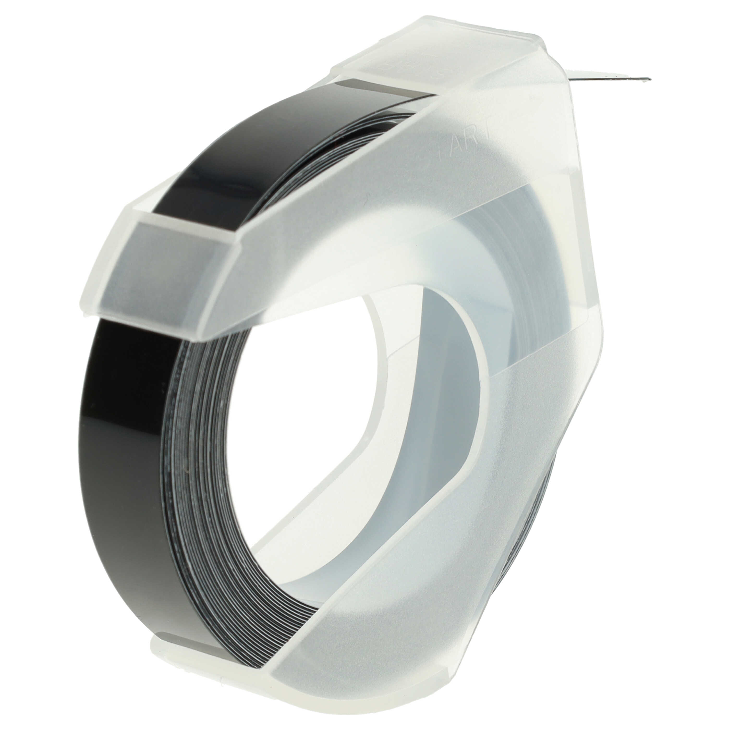 Eine Rolle schwarzes Klebeband befindet sich in einem transparenten Kunststoffspender. Der Hintergrund ist weiß.