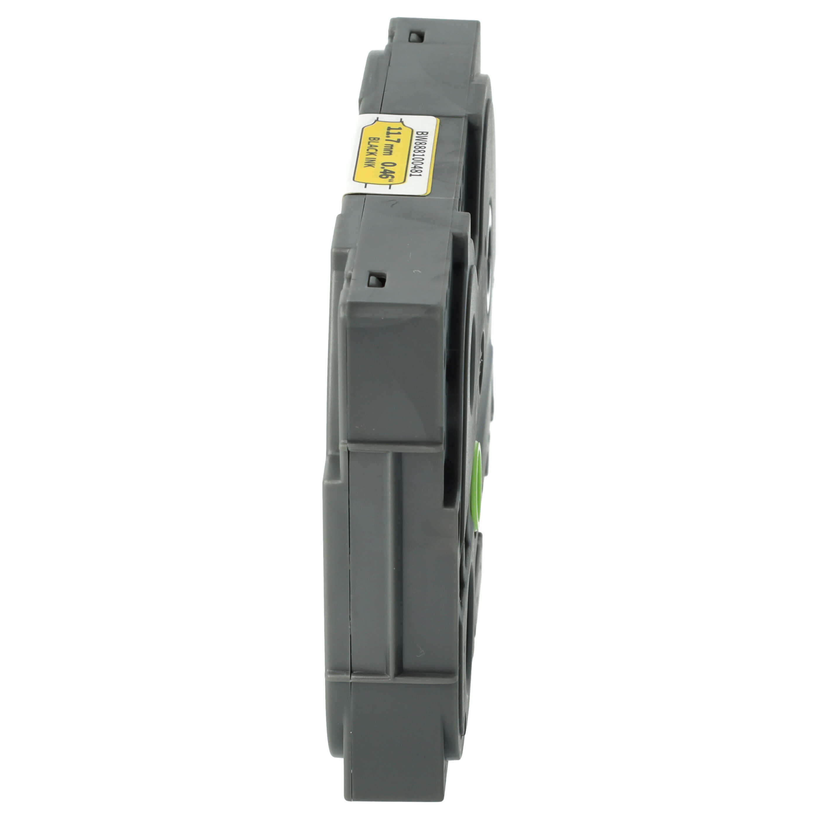 Graue rechteckige Festplatte. Ein Etikett lautet 11,7 mm 0,46" Black Ink BW888100481. Weißer Hintergrund.