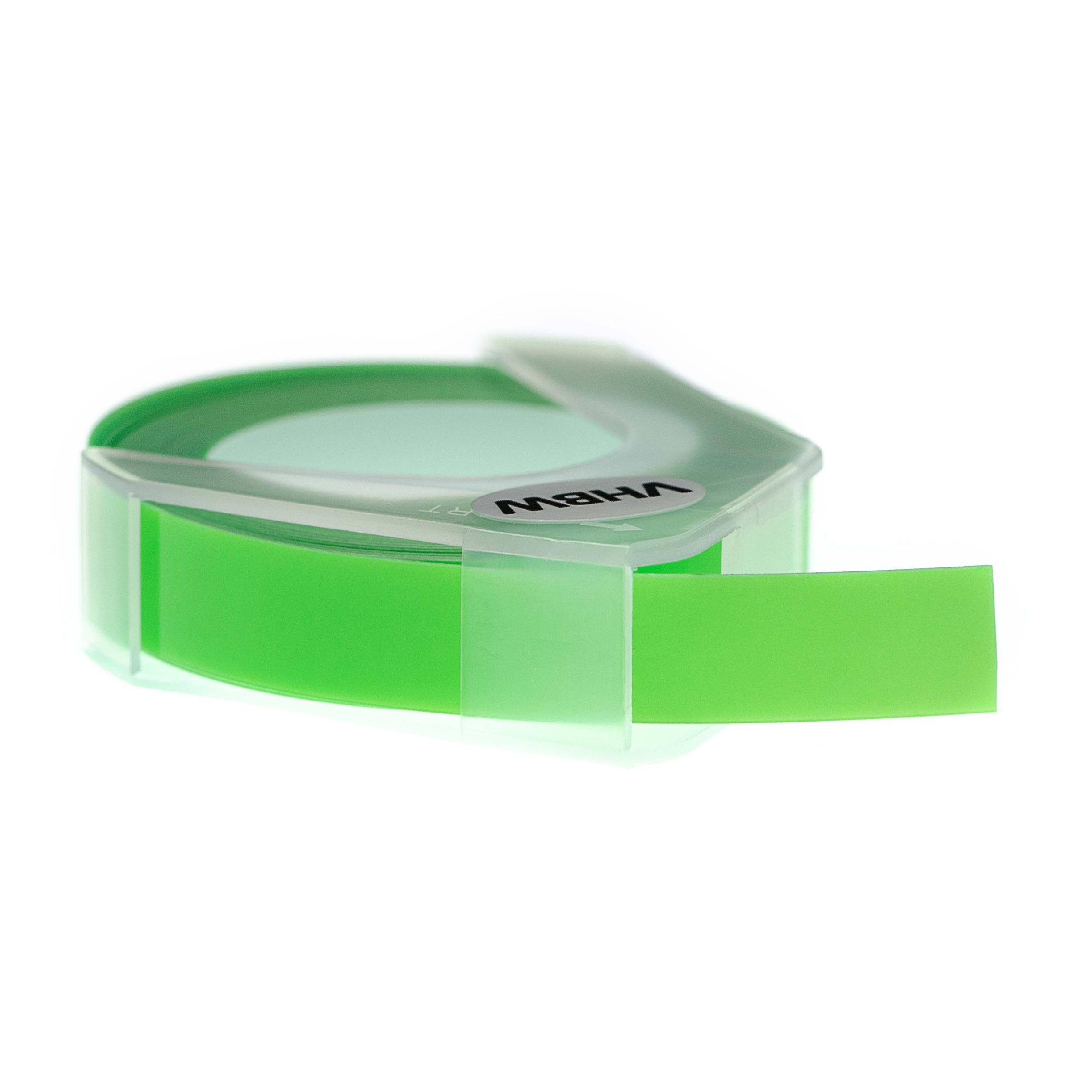 Eine grüne Bandrolle in einem transparenten Spender. Das Band ragt heraus. Weißer Hintergrund.