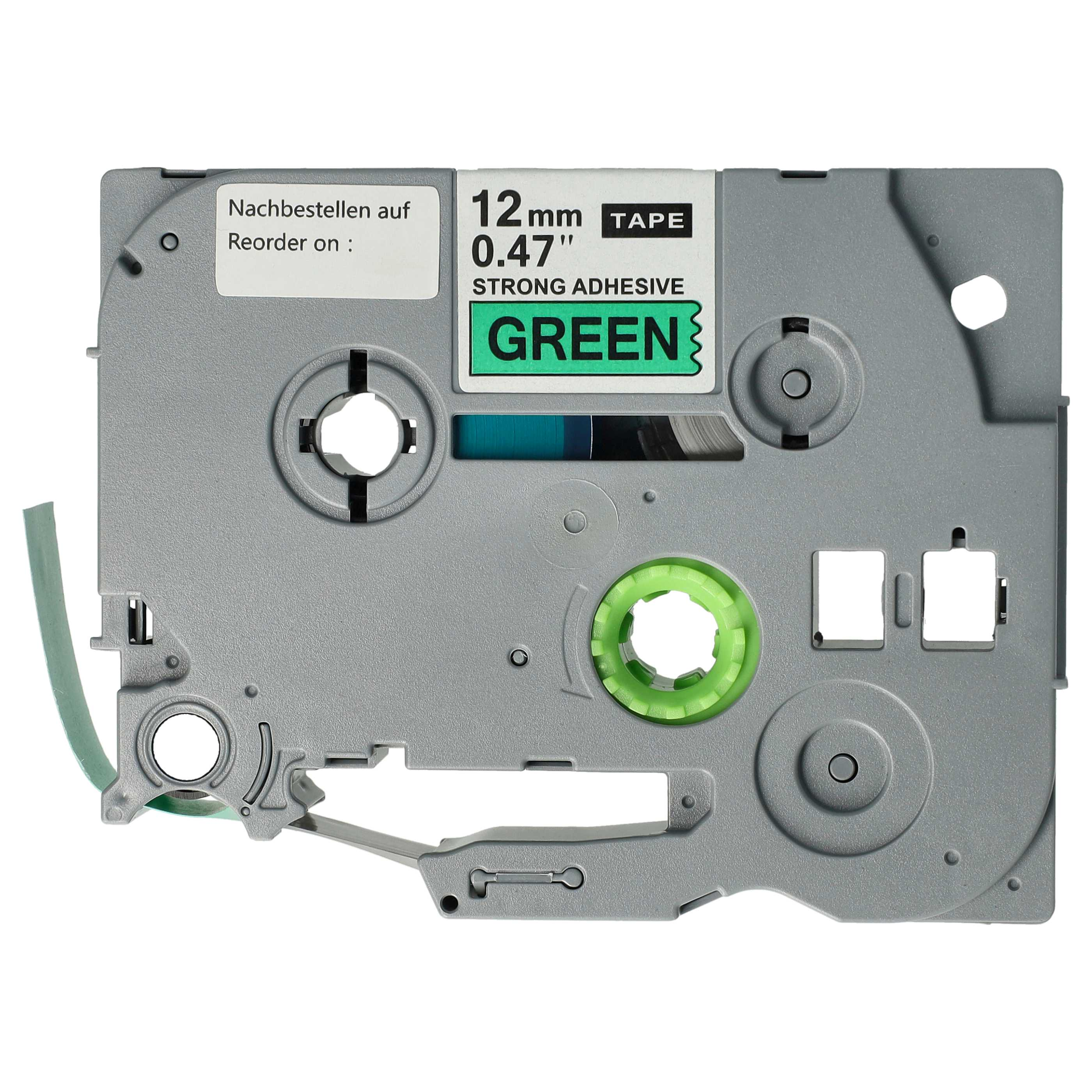 Etikettentape-Kartusche. Graues Kunststoffgehäuse mit grünem Band. Text enthält 'GREEN', '12mm Tape' und 'Strong Adhesive'.
