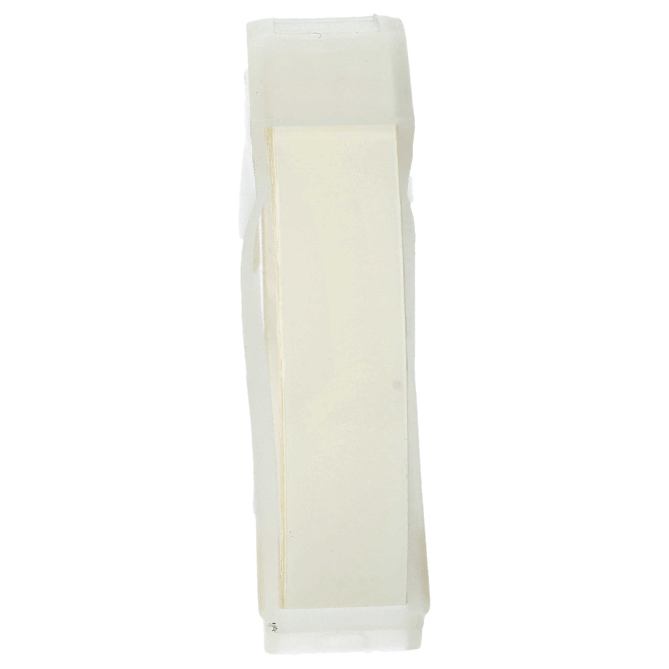 Ein rechteckiger, durchscheinender Gegenstand mit einem Stapel weißer Papiere. Der Hintergrund ist weiß.