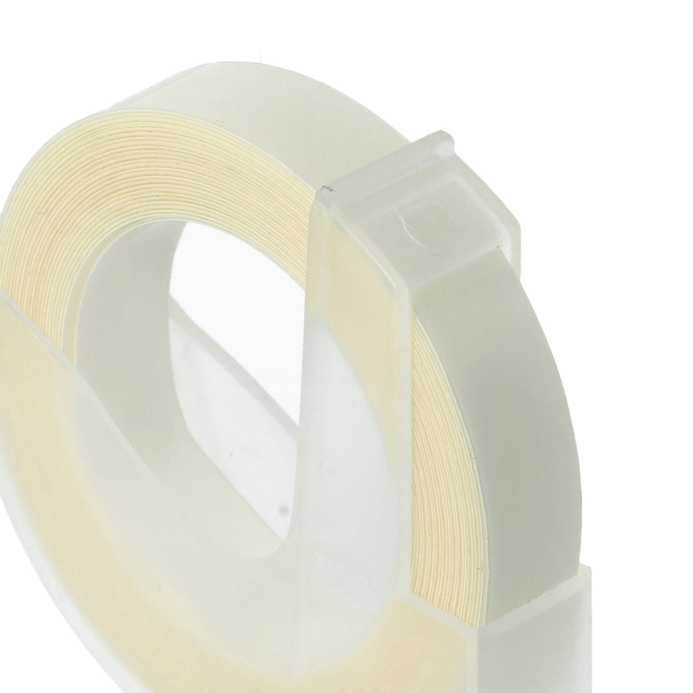 Eine Klebebandrolle in einem transparenten Spender. Das Klebeband ist hellgelb, der Spender ist klar.