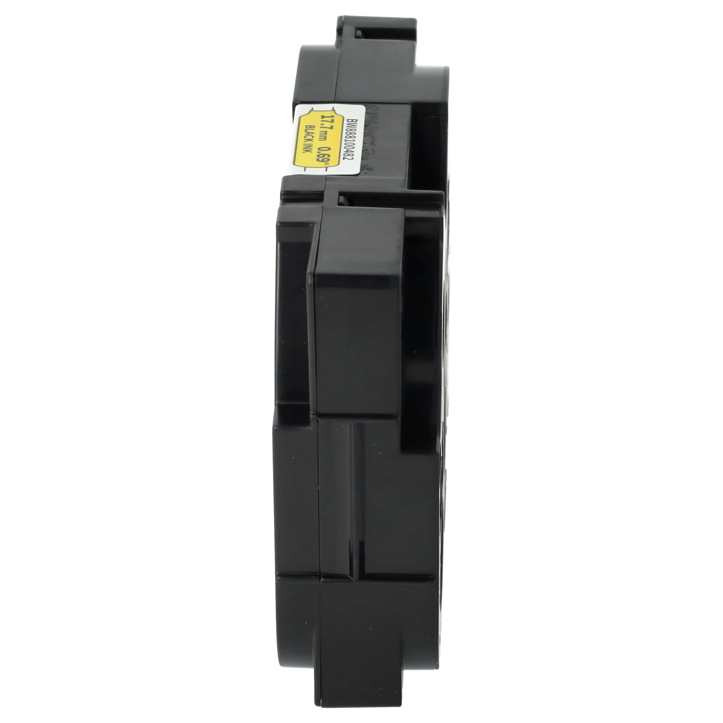 Eine schwarze Tintenpatrone mit gelbem Aufkleber. Der Aufkleber zeigt die Abmessungen und die Tintenart.
