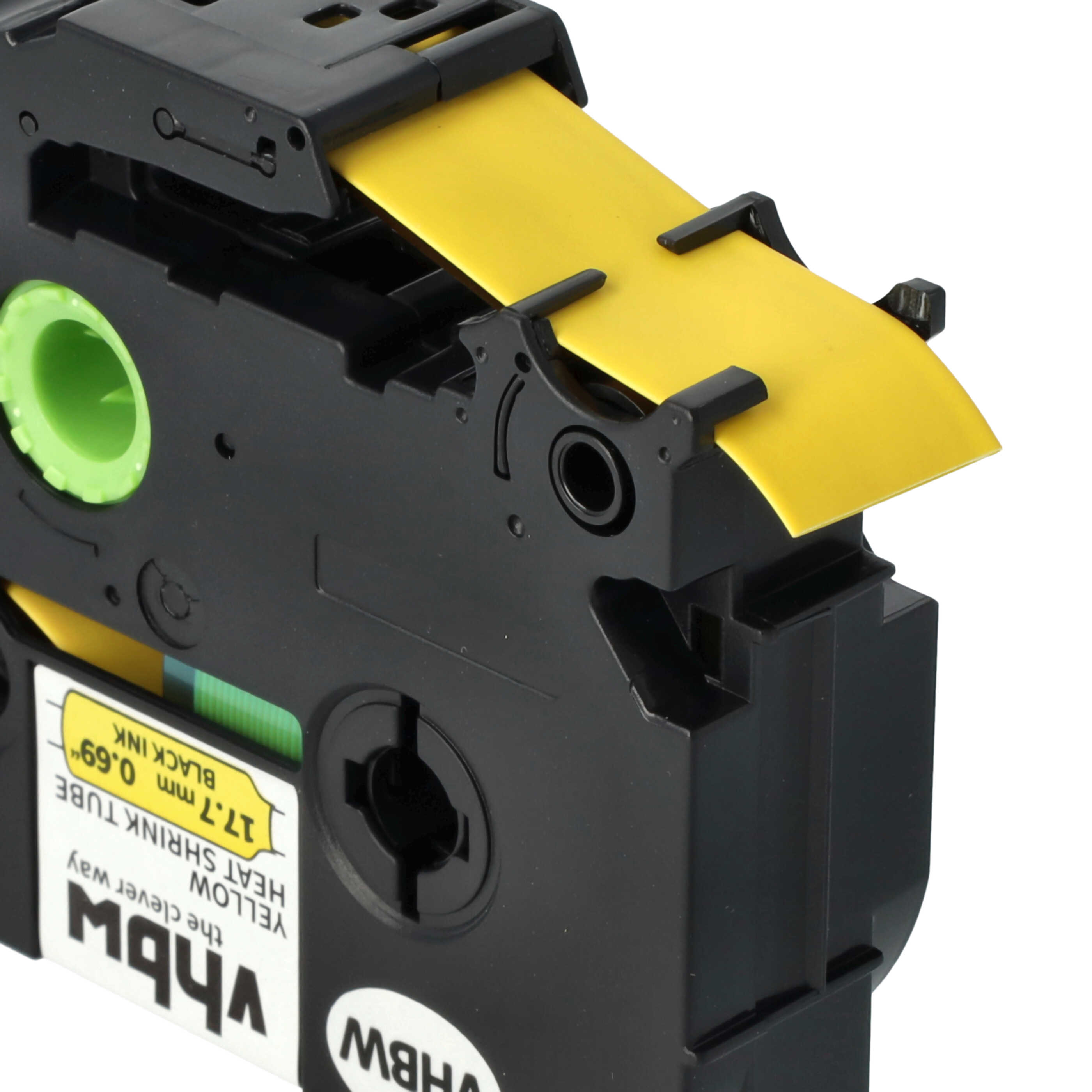 Nahaufnahme einer schwarz-gelben Etikettierpatrone mit Text: YELLOW HEAT SHRINK TUBE, BLACK INK und vhbw-Logo.