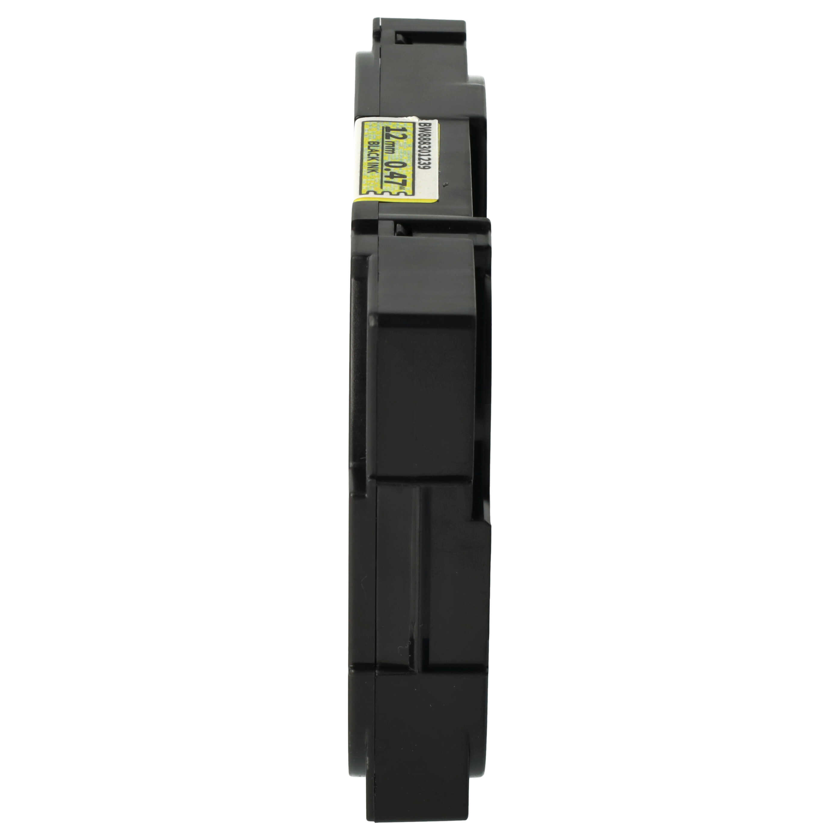 Ein schwarzes rechteckiges Objekt mit einem Aufkleber mit der Aufschrift '12mm 0,47' und 'BLACK INK'.