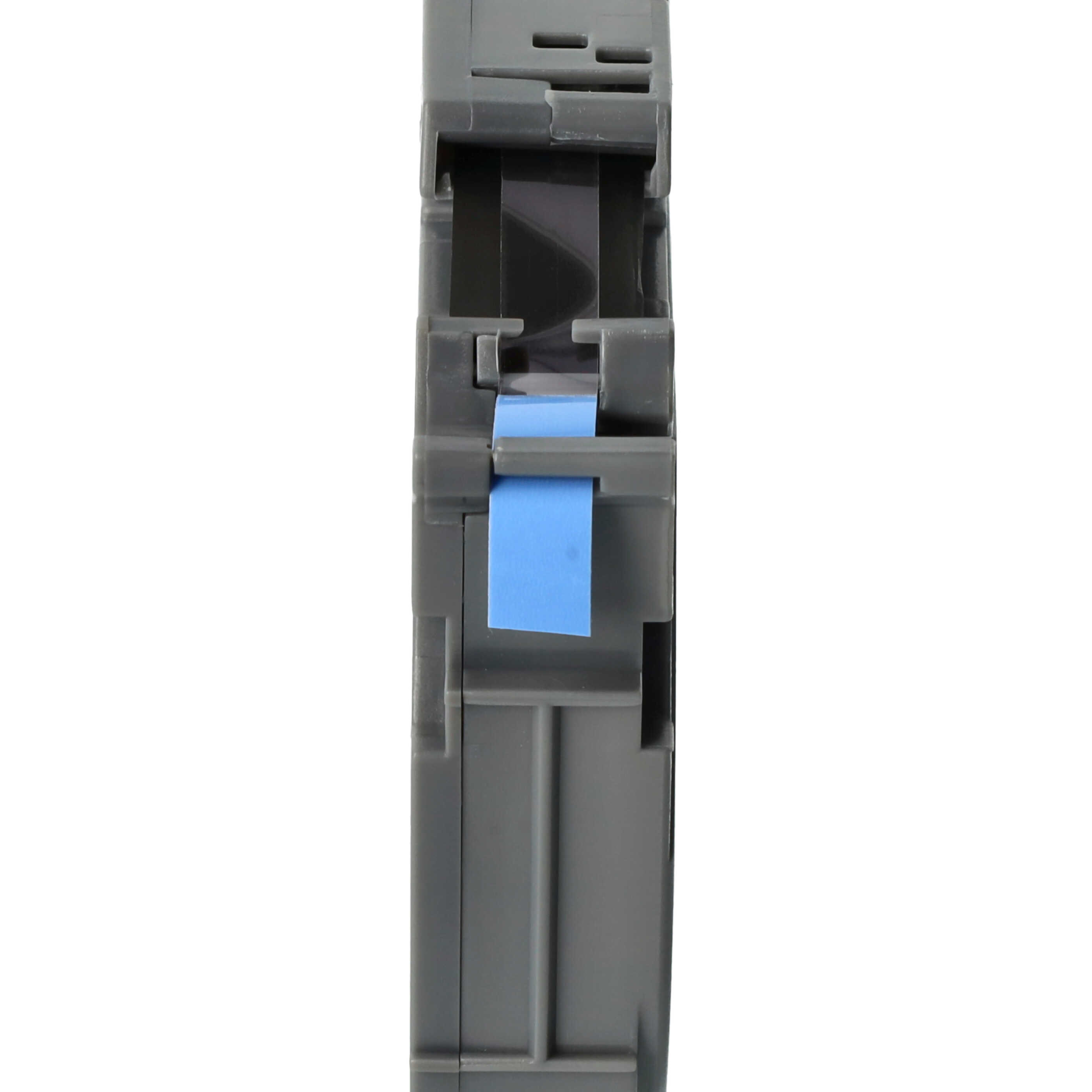 Eine graue Kunststoffkomponente mit einem blauen Tab. Sie ist rechteckig und hat Schlitze und Rippen.
