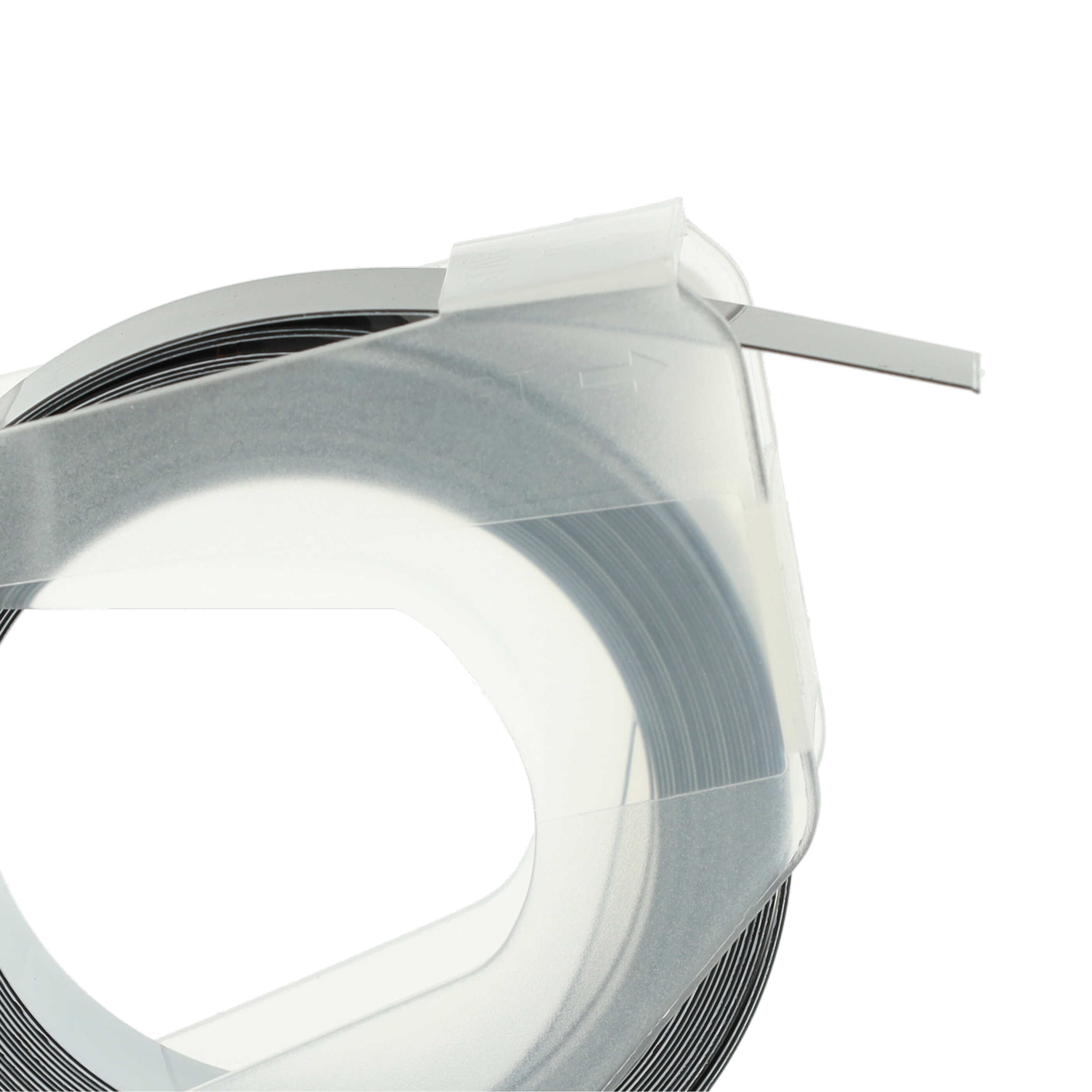 Nahaufnahme einer Rolle schwarzes Klebeband in einem transparenten Kunststoffspender. Band wird herausgezogen.