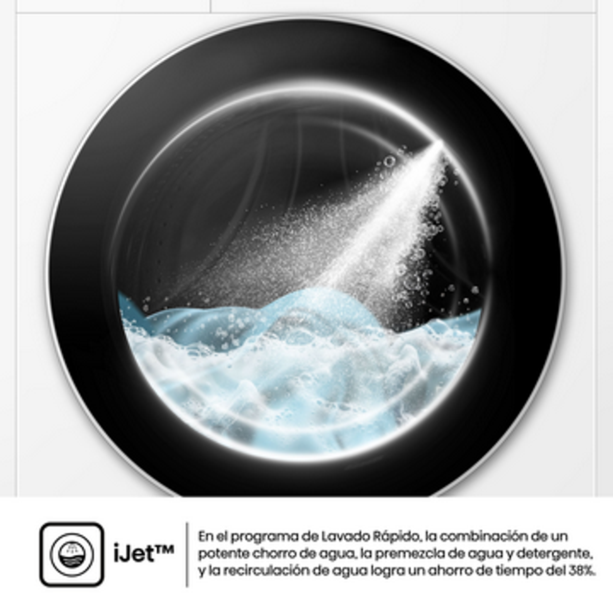 Bęben pralki z rozpylaną wodą i pianą. Czarna ramka z białym tłem. Logo iJet™ jest pokazane na dole.