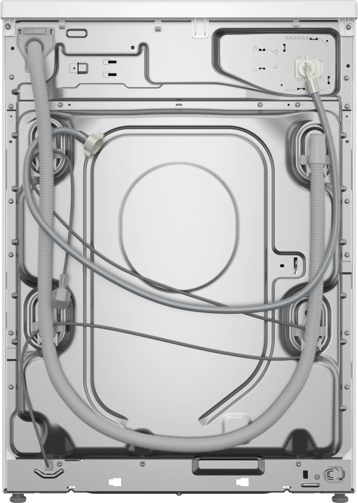 Tył pralki. Szare węże i kable są podłączone do srebrnego metalowego panelu. Biała rama otacza tył.