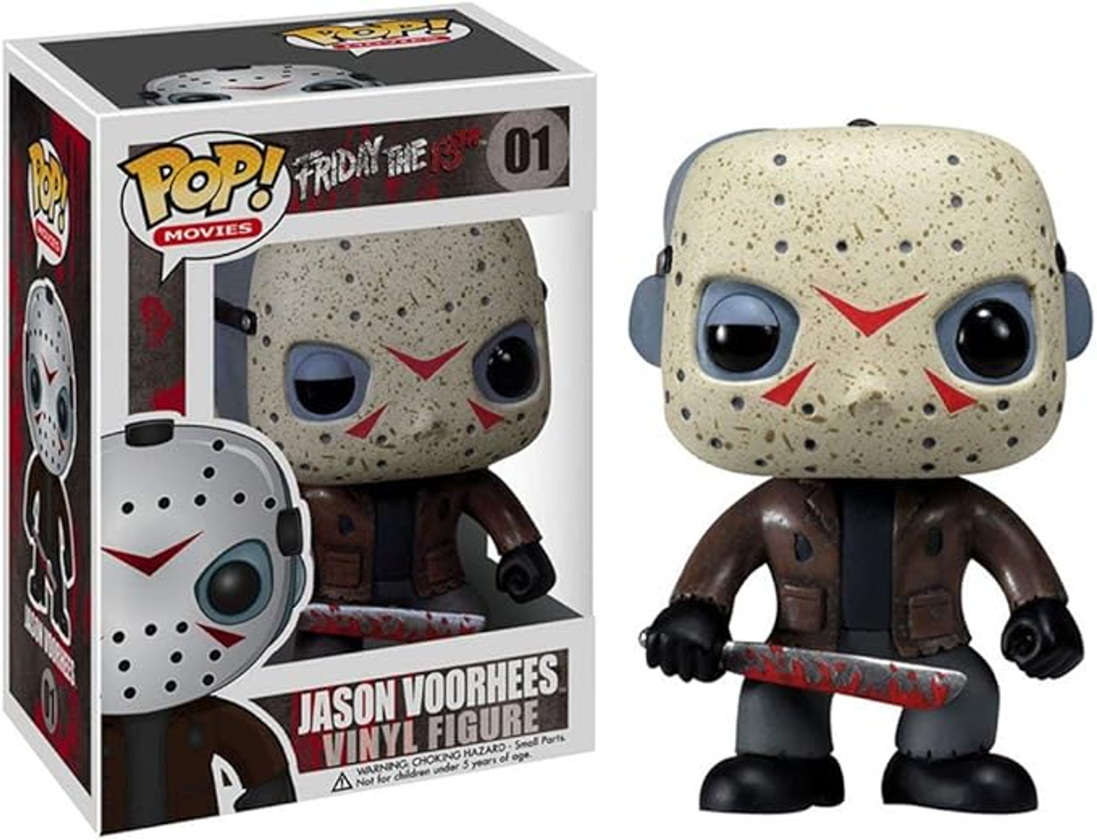 Figurka Funko Pop Jasona Voorheesa z maską hokejową, trzymająca zakrwawioną maczetę, obok pudełka.