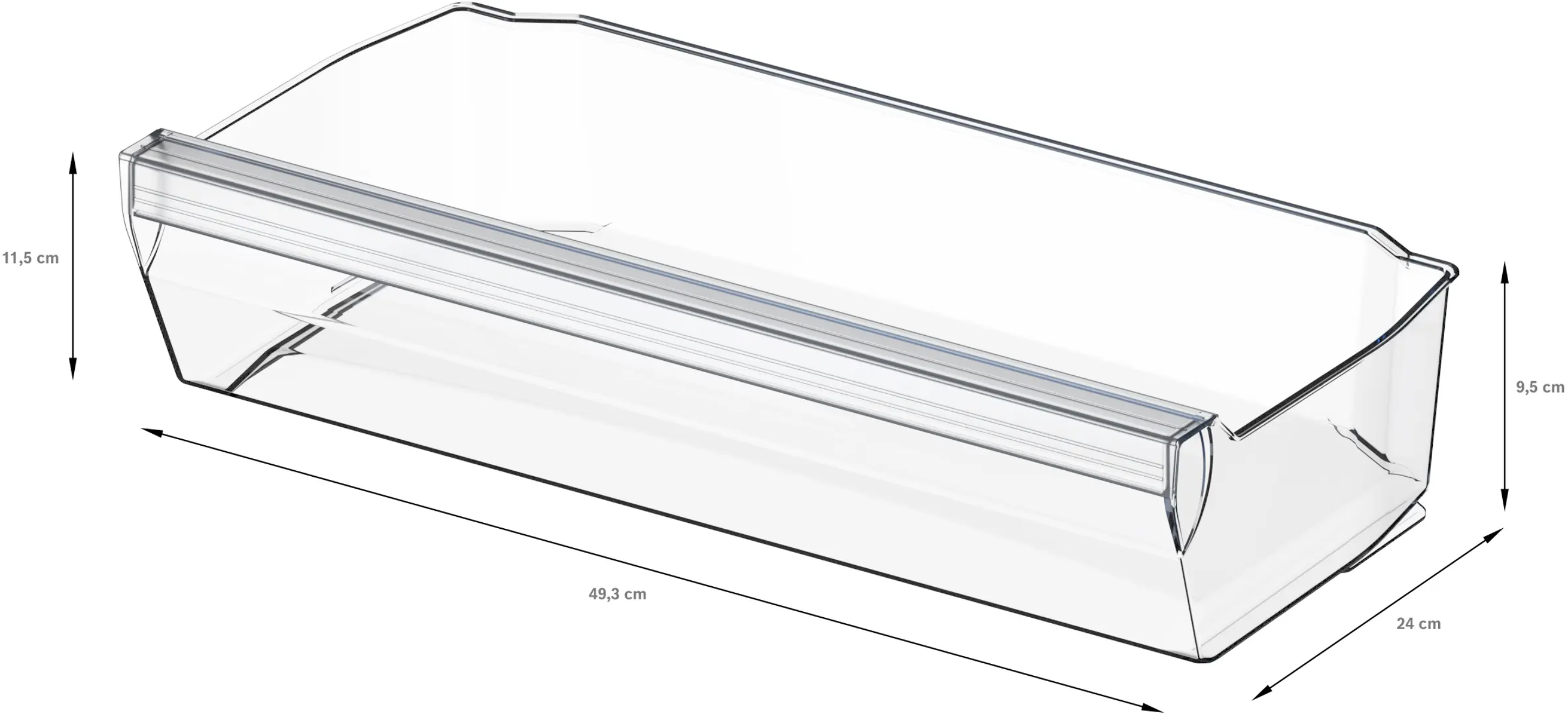 Un cajón de refrigerador de plástico transparente, rectangular, con dimensiones etiquetadas. Mide 49,3 cm de largo, 24 cm de ancho y 9,5 cm de alto.