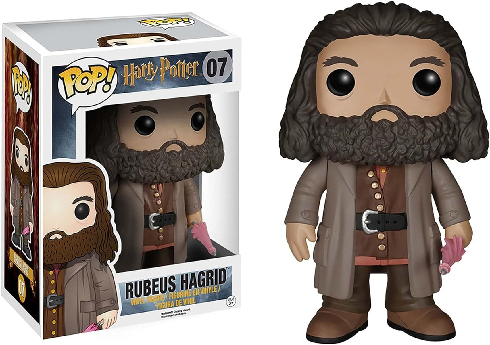 Una figura de vinilo Pop! de Rubeus Hagrid de Harry Potter, con una caja. La figura sostiene un paraguas rosa.
