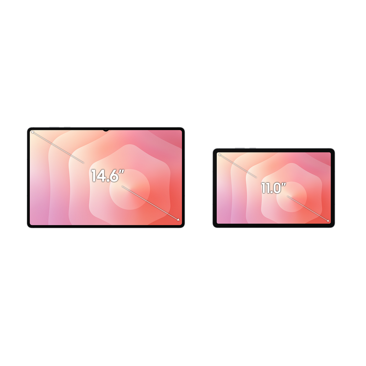 Dwa tablety z czarnymi ramkami. Większy wyświetla '14.6"', a mniejszy '11.0"', oba na różowo-pomarańczowym gradient.