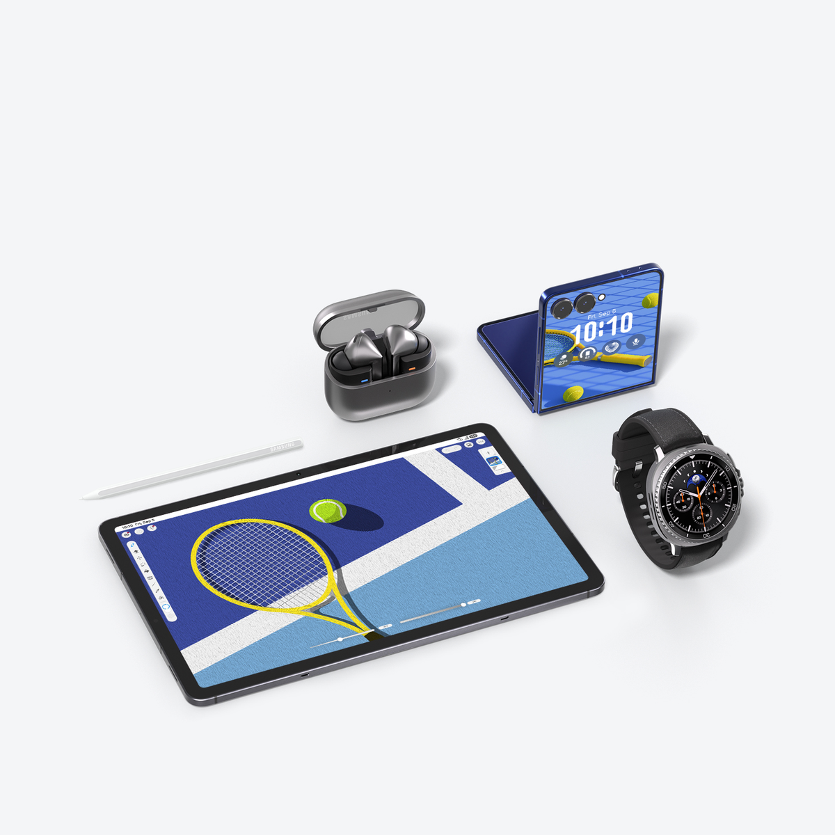 Tablet, telefon, zegarek i słuchawki są ułożone. Tablet pokazuje kort tenisowy, telefon grę w tenisa, a zegarek jest czarny.