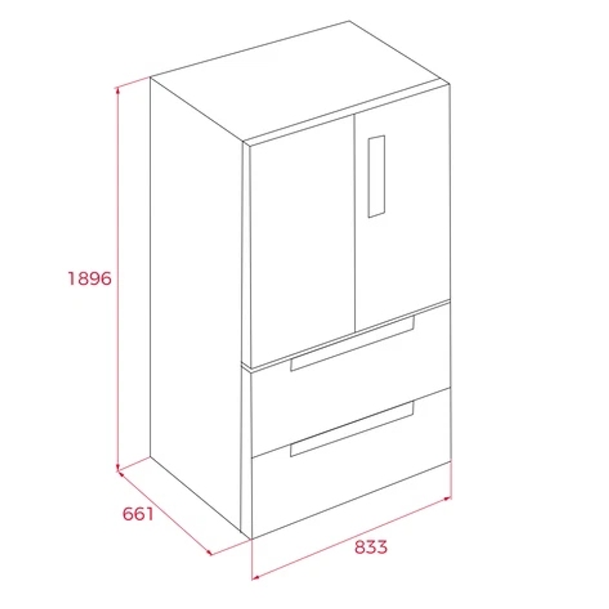 Widok izometryczny białej lodówki o wymiarach: 1896 mm wysokości, 661 mm szerokości i 833 mm głębokości. Posiada drzwi i dwie szuflady.