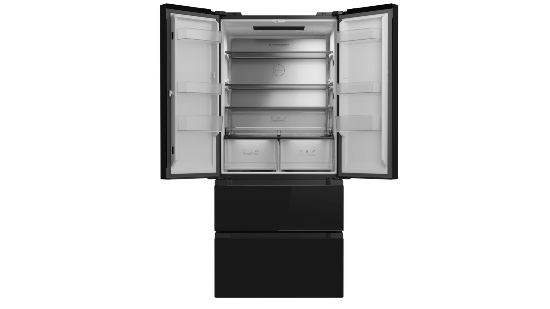 Czarna lodówka z otwartymi drzwiami. Wnętrze z półkami, szufladami i systemem chłodzenia. Na dole dwie wysuwane szuflady.