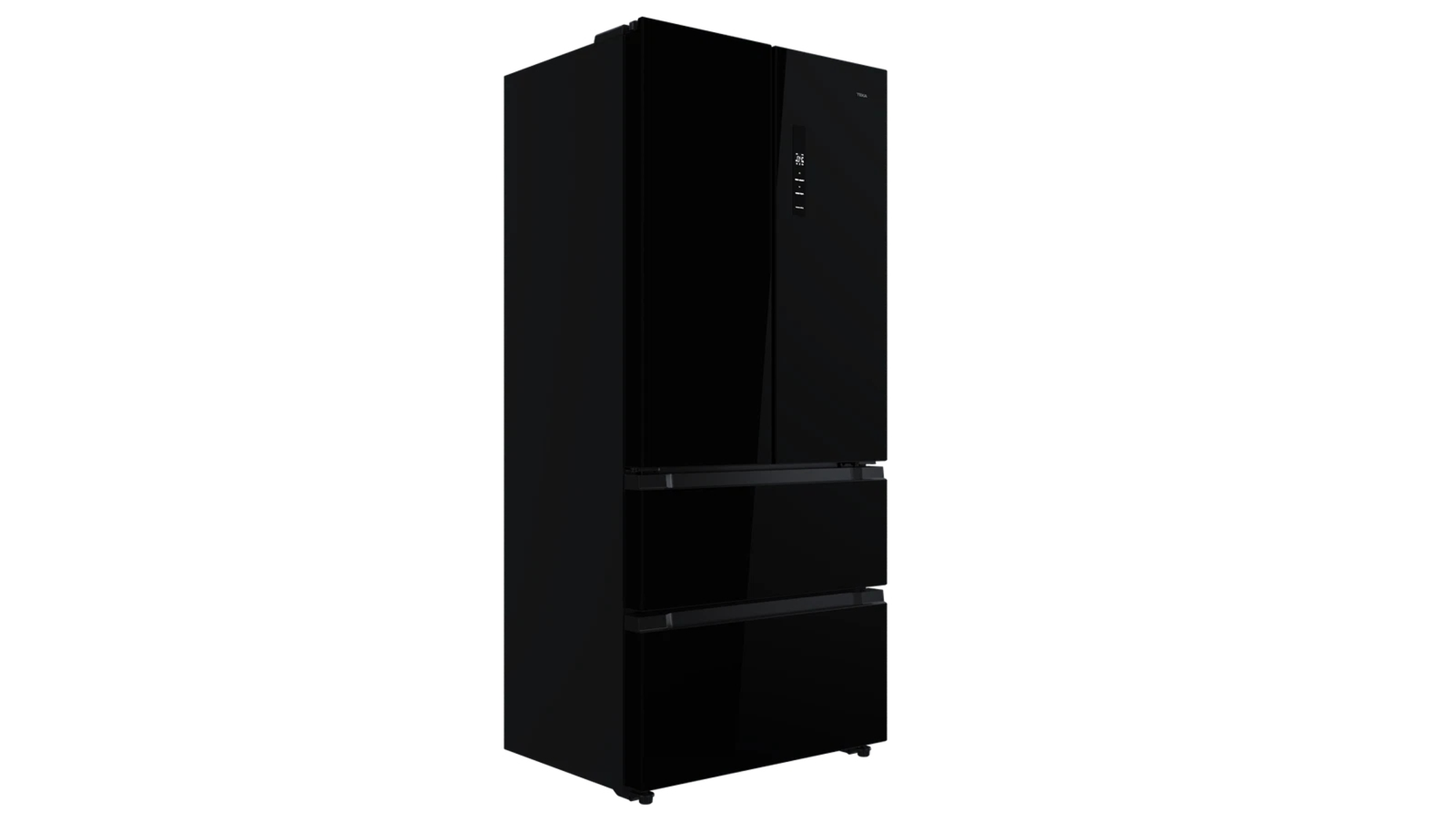 Wysoka, czarna lodówka z wieloma drzwiami i szufladami. Stoi na białym tle, pokazując swój elegancki design i funkcje.