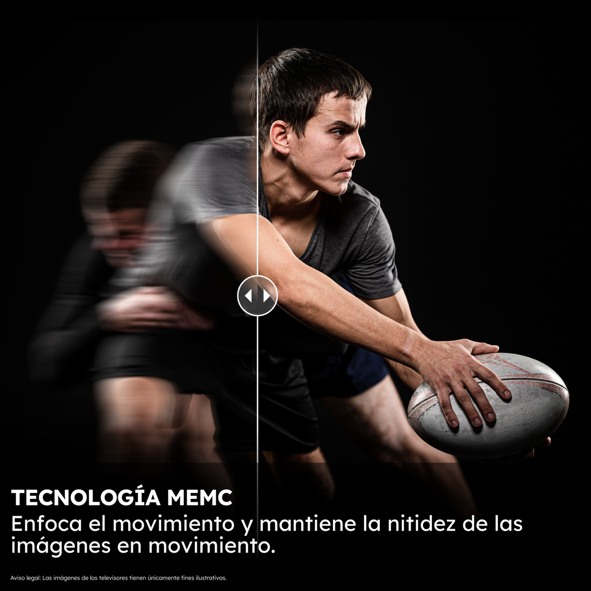 Un giocatore di rugby in movimento, che tiene la palla. Immagine sfocata a sinistra e immagine nitida a destra, che illustra la tecnologia MEMC.