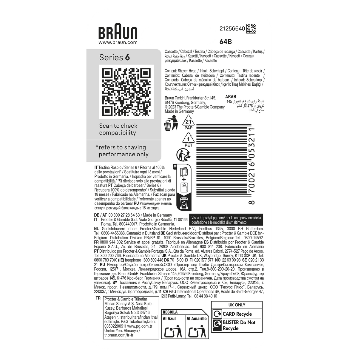 Opakowanie Braun Series 6. Zawiera kod QR, tekst, symbole recyklingu i szczegóły produktu.