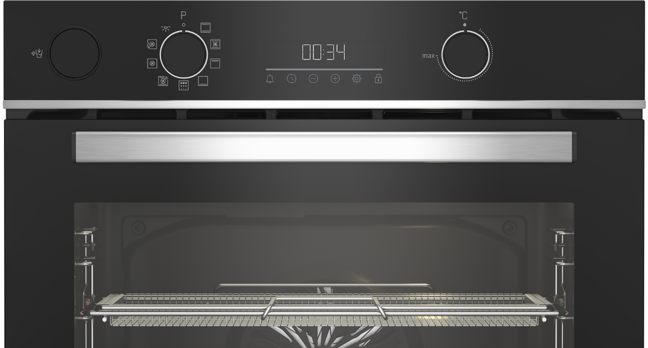 Forno nero con display digitale che mostra 00:34. Sono presenti manopole e una maniglia. All'interno è visibile una griglia.
