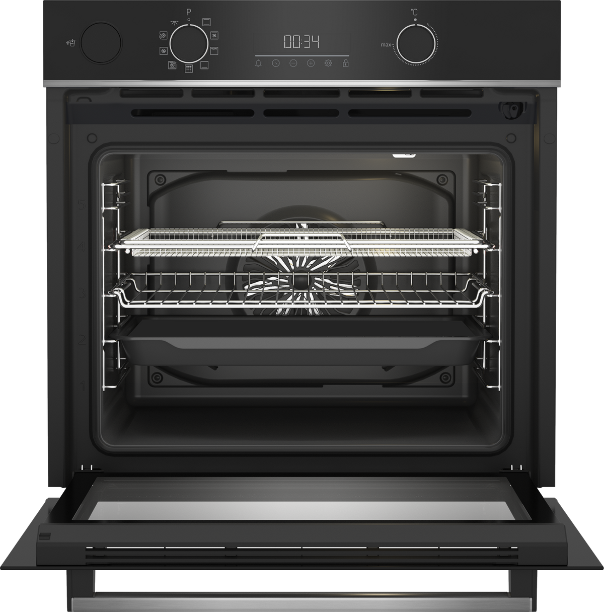 Forno aperto che mostra l'interno con griglie e teglia. Il display digitale indica 00:34. La porta del forno è aperta. Schema di colori nero e argento.