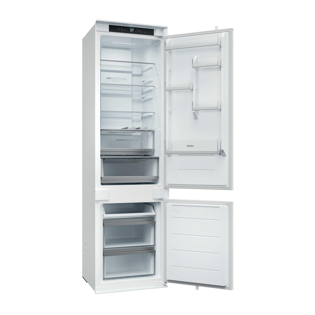 Refrigerador Haier blanco con puertas abiertas, mostrando estantes, cajones y detalles interiores sobre fondo blanco.