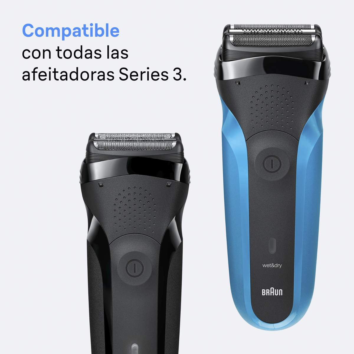 Due rasoi elettrici, uno nero e uno blu. Testo: 'Compatible con todas las afeitadoras Series 3'.