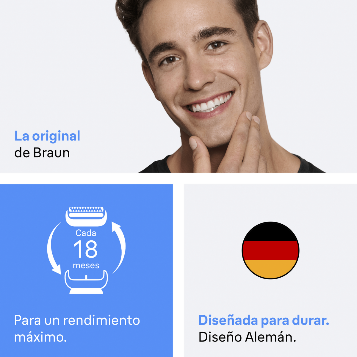 Un uomo sorride, toccandosi il viso. Sotto icone e testo: 'La original de Braun', 'Cada 18 meses', un rasoio e la bandiera tedesca.