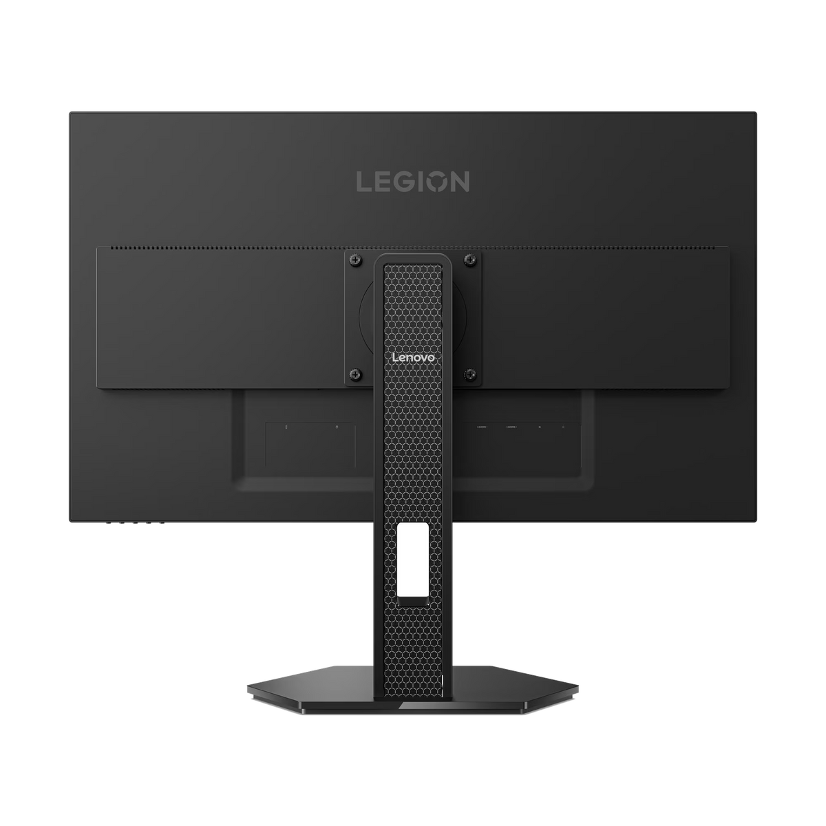 Parte trasera de un monitor Lenovo Legion negro. El soporte tiene un patrón de panal. La marca Lenovo es visible. La palabra LEGION está arriba.