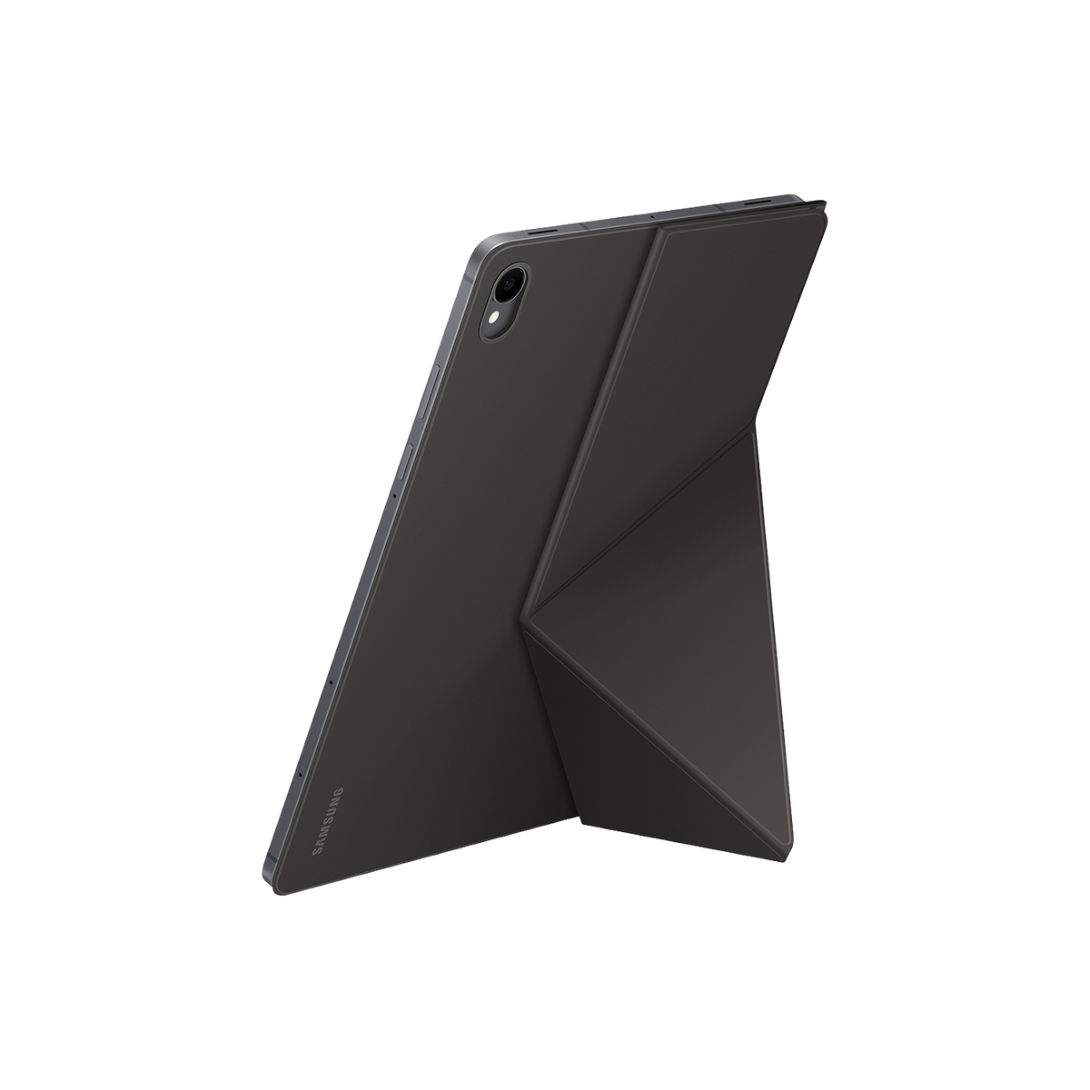Un tablet grigio scuro con una cover pieghevole è appoggiato su uno sfondo nero. Il logo Samsung è visibile.
