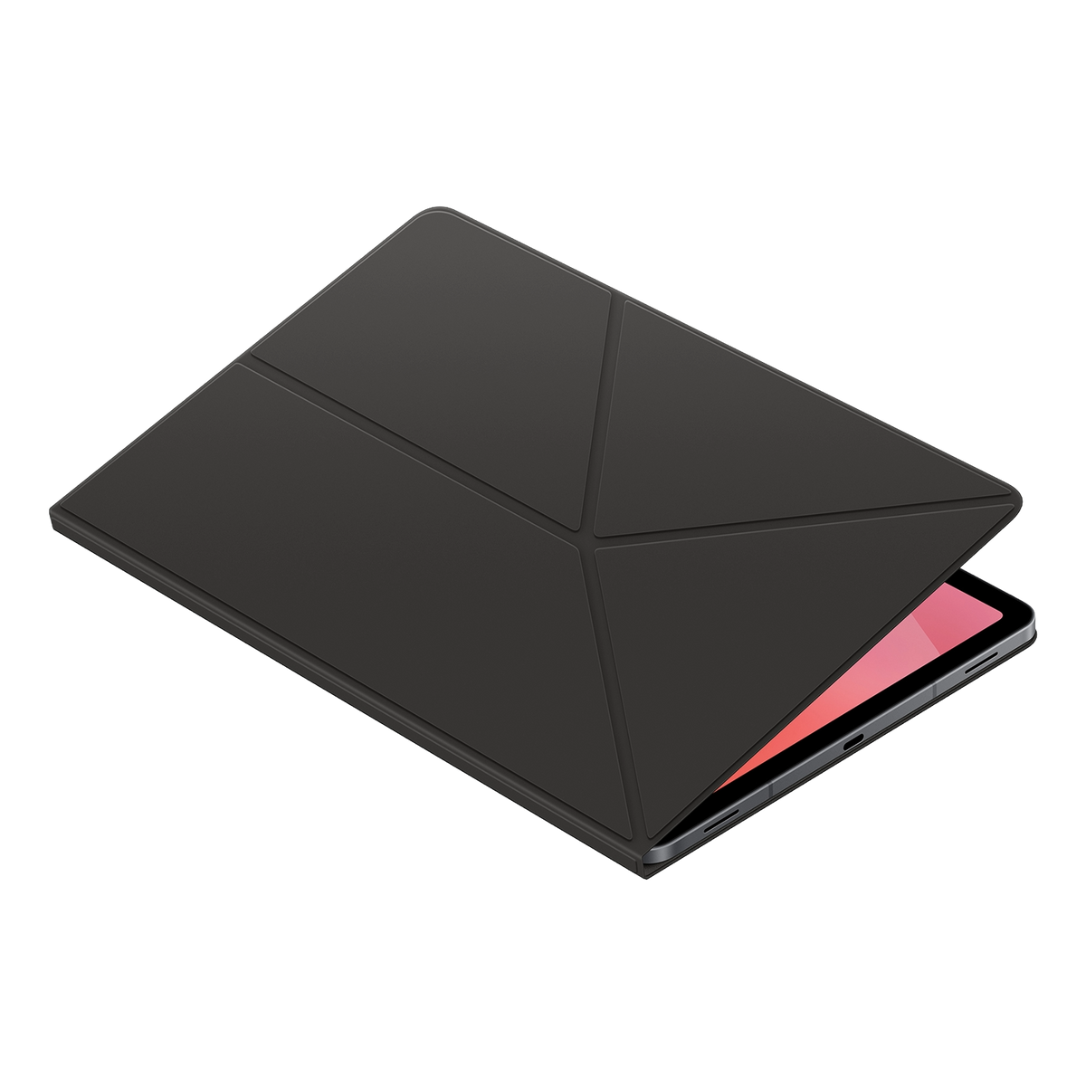 Una custodia per tablet nera è leggermente aperta, rivelando il bordo di un tablet con schermo rosa. Lo sfondo è nero pieno.