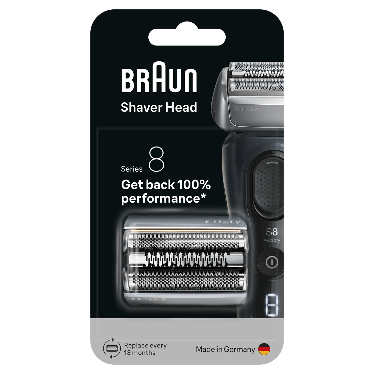 Testina del rasoio Braun, Serie 8. Contiene testo 'Riacquista il 100% delle prestazioni', 'Sostituire ogni 18 mesi' e 'Made in Germany'.