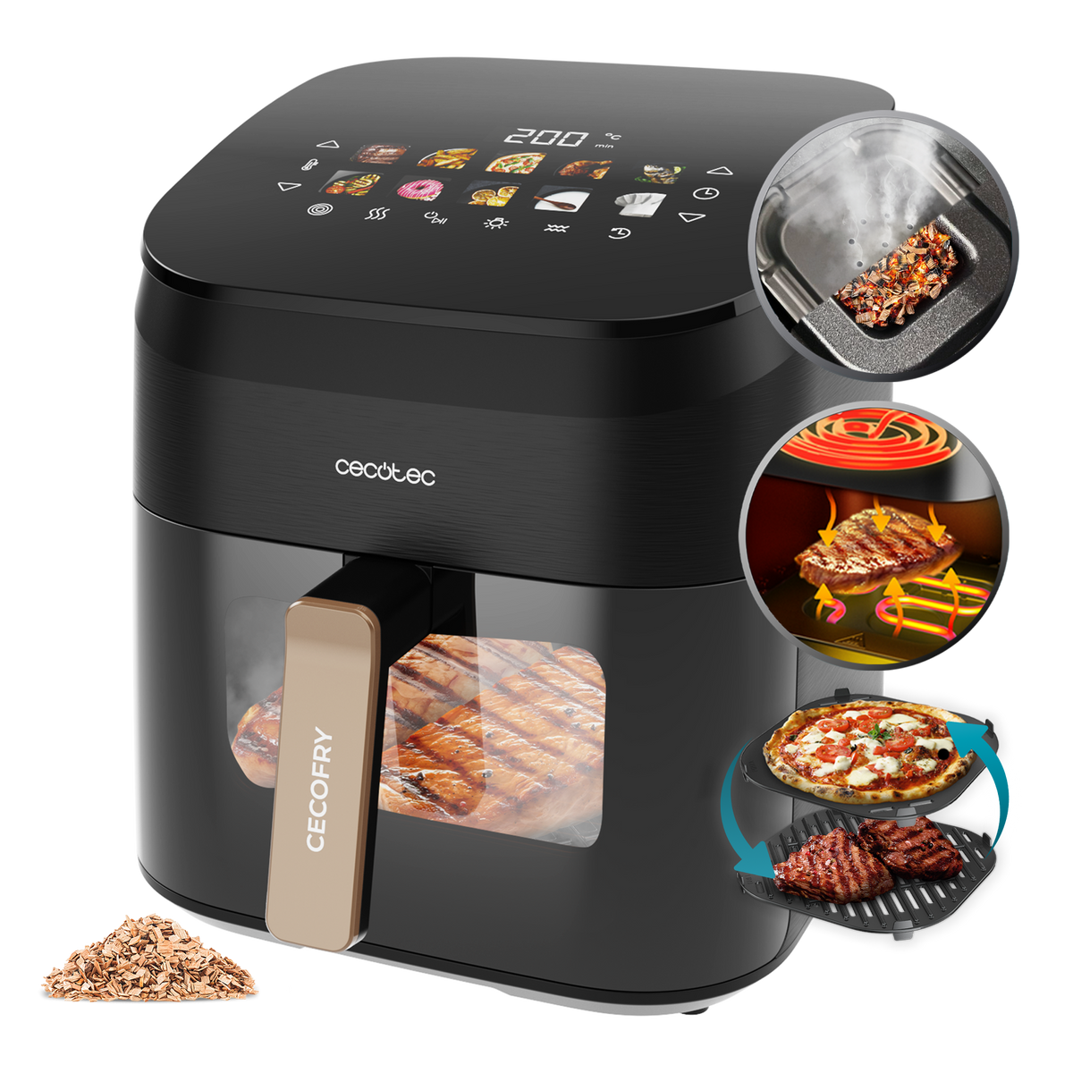 Czarna frytownica Cecotec z cyfrowym wyświetlaczem pokazującym gotowanie jedzenia. Zawiera obrazy grillowanych potraw i pizzy. Wióry drewniane po lewej stronie.