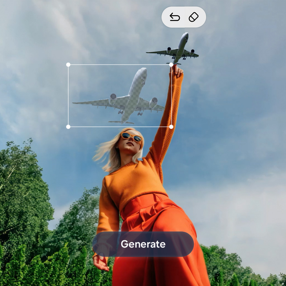 Frau in orangefarbener Kleidung zeigt auf Flugzeuge am Himmel. Grüne Bäume im Hintergrund. Der Himmel ist blau mit Wolken.