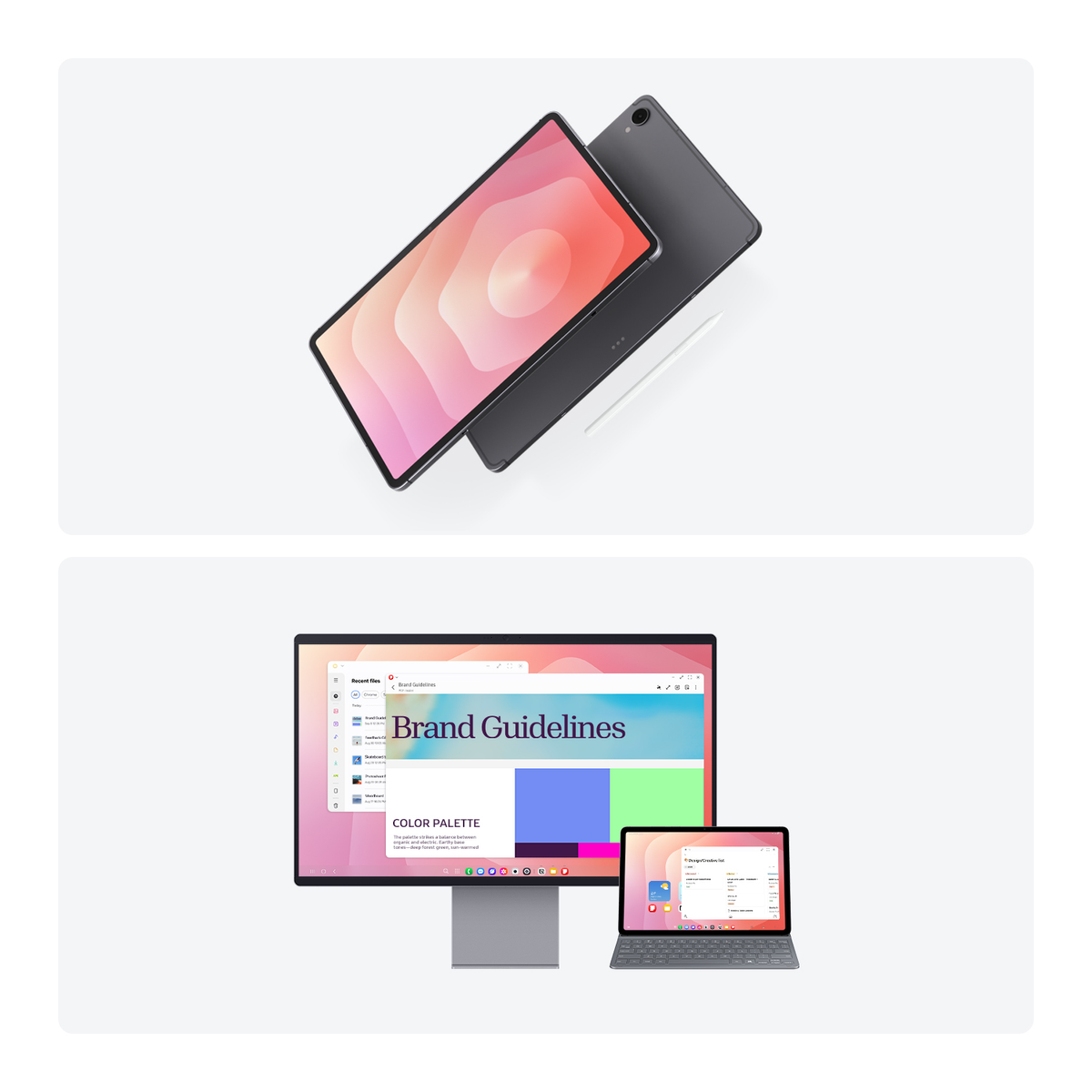 Dwa tablety, jeden z różowym gradientem, spoczywają na białej powierzchni. W pobliżu leży rysik. Monitor i laptop wyświetlają wytyczne dotyczące marki.