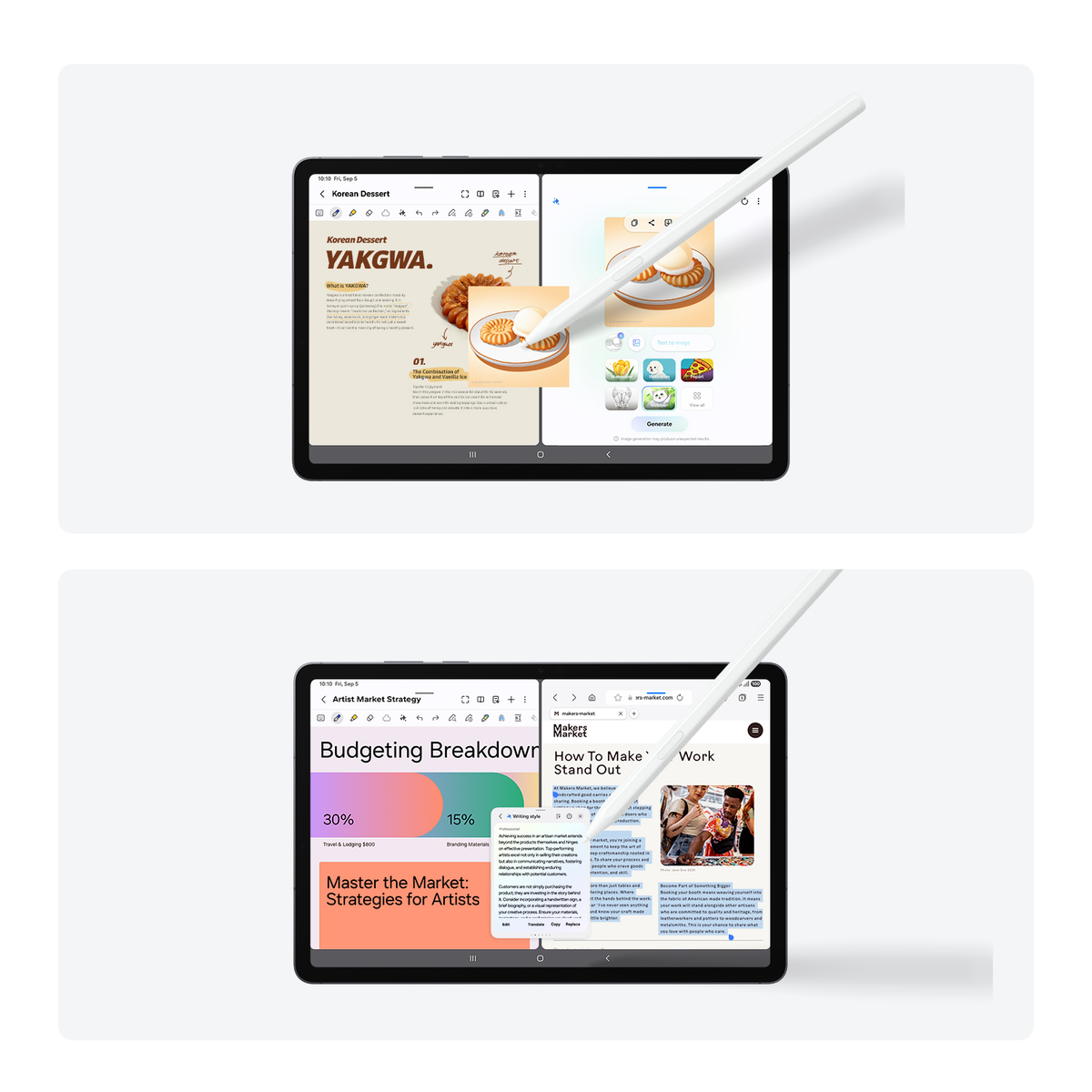 Tablet wyświetla przepis na koreański deser i strategię budżetowania. Pióro unosi się nad ekranem.