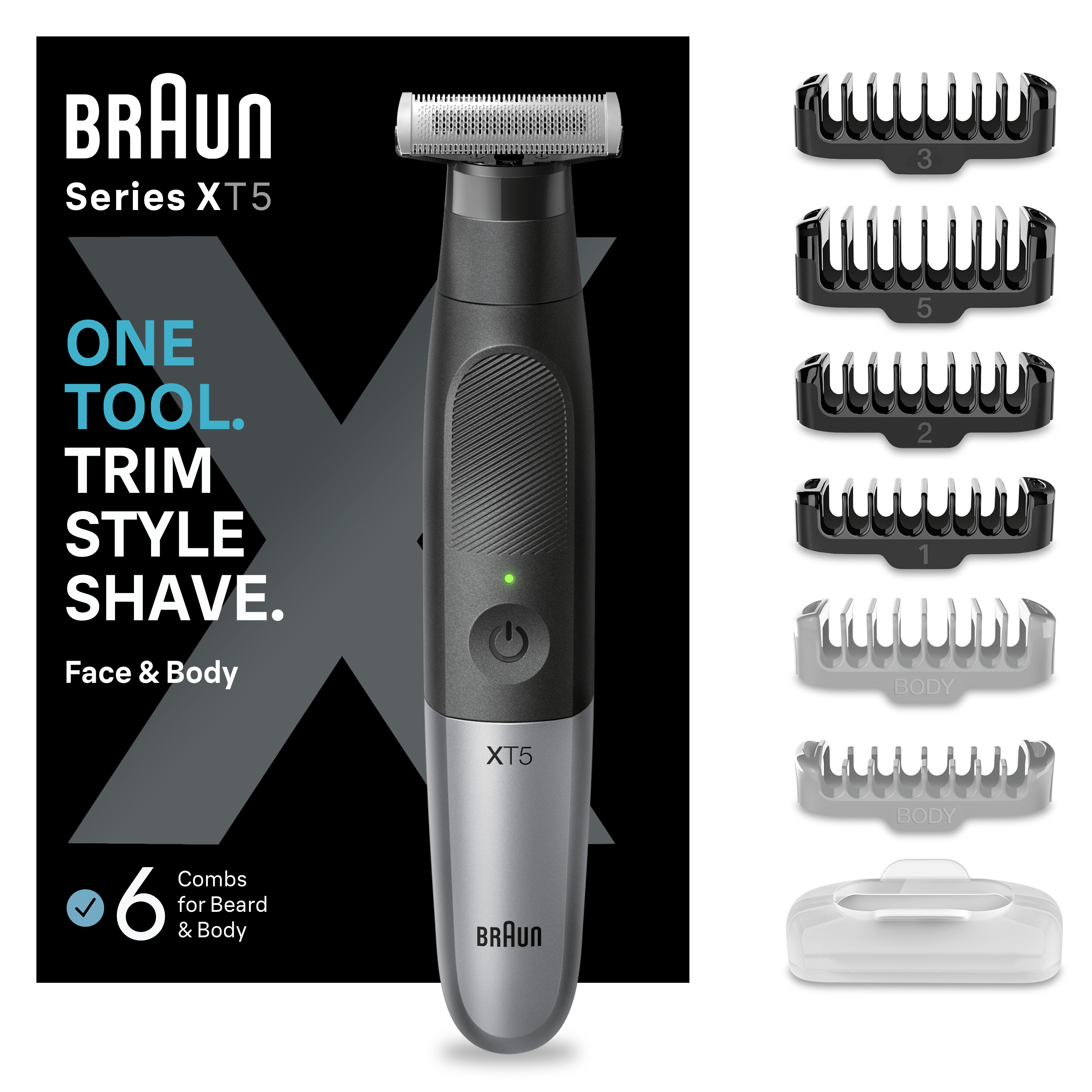 Braun Series XT5 tıraş makinesi ve aksesuarları. Siyah ve gümüş tasarım. Metin: One Tool, Trim, Style, Shave. Face & Body. 6 tarak.