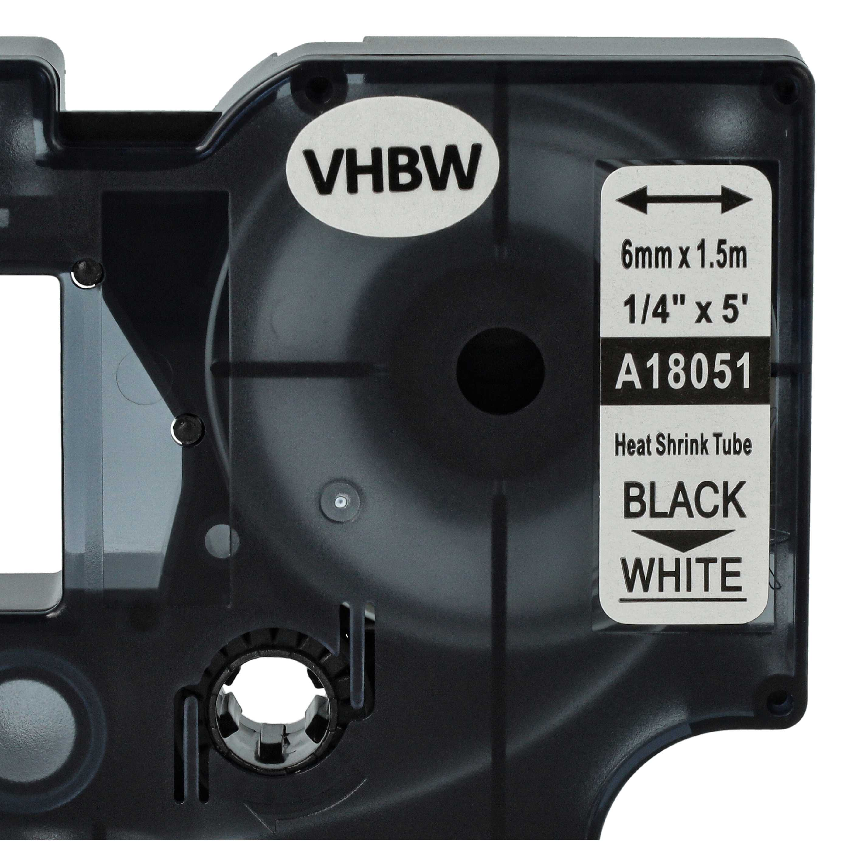 Schwarz-Weiß-Etikettendrucker mit Produktinformationsetiketten, darunter 'VHBW' und 'Heat Shrink Tube'.