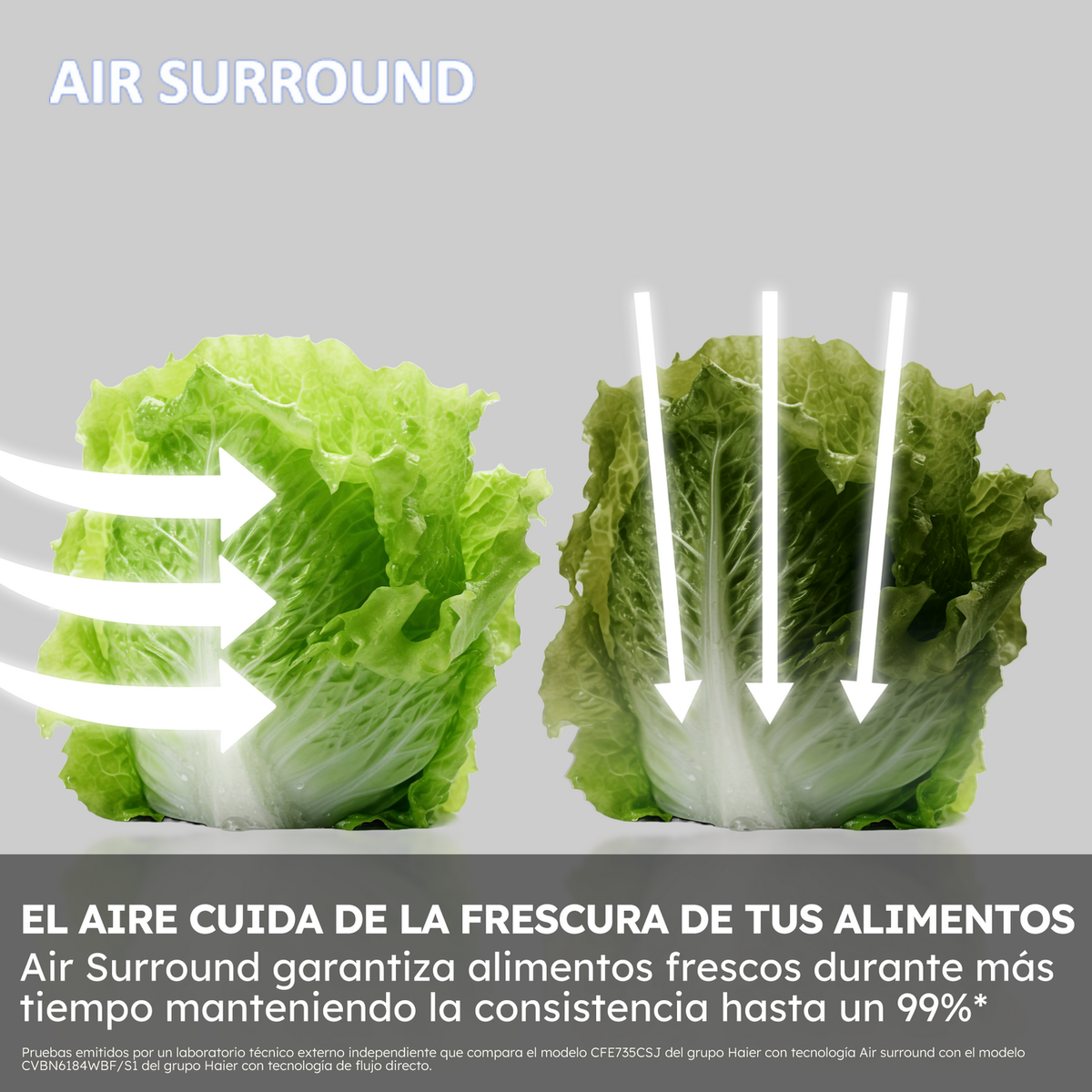 L'immagine mostra cespi di lattuga con frecce che indicano il flusso d'aria. Il testo dice 'Air Surround' e i vantaggi della freschezza.