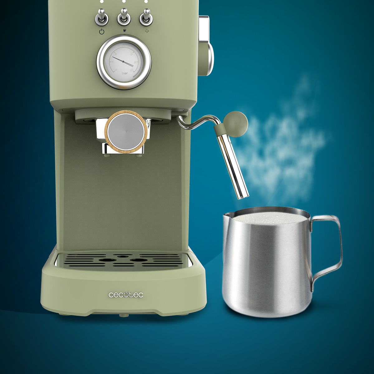 Oliwkowo-zielony ekspres do espresso ze stalowym dzbankiem spieniającym mleko. Wskaźnik pokazuje ciśnienie. Maszyna jest na niebieskim tle.