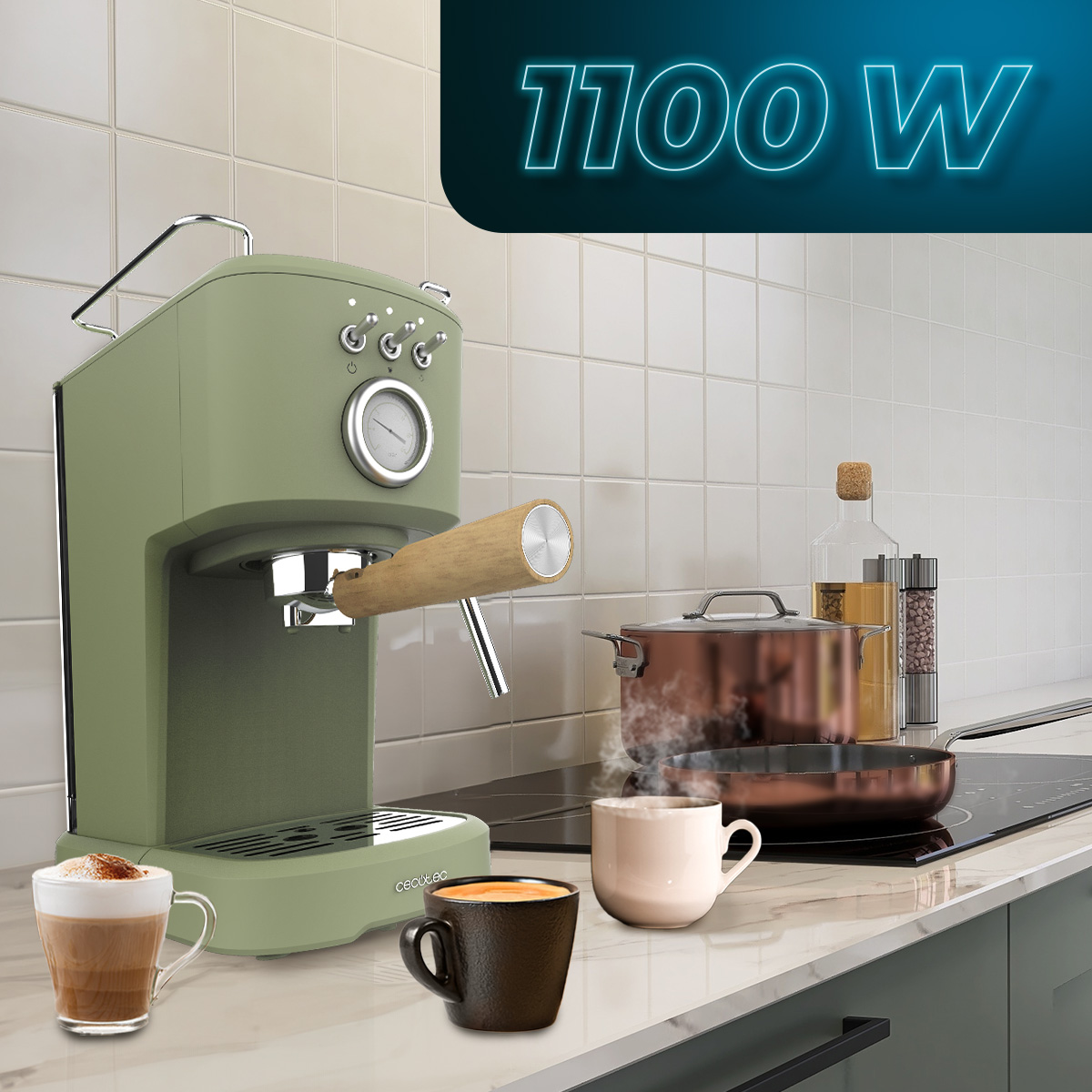 Oliwkowo-zielony ekspres do kawy z drewnianym uchwytem, trzy filiżanki kawy i garnki na blacie, 1100 W.