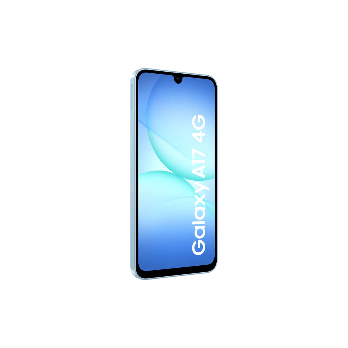 Smartfon Galaxy A17 4G. Telefon ma niebieski ekran z białym tekstem i czarnym tłem.