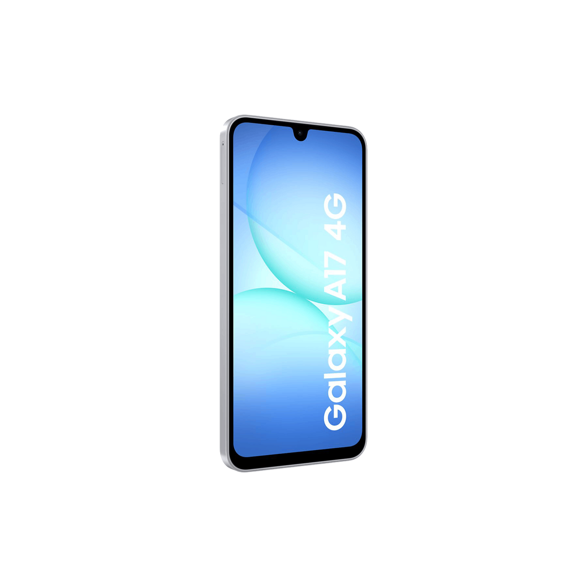 Srebrny smartfon Galaxy A17 4G pochylony w prawo. Ekran wyświetla niebieski gradient z białym tekstem. Czarne tło.