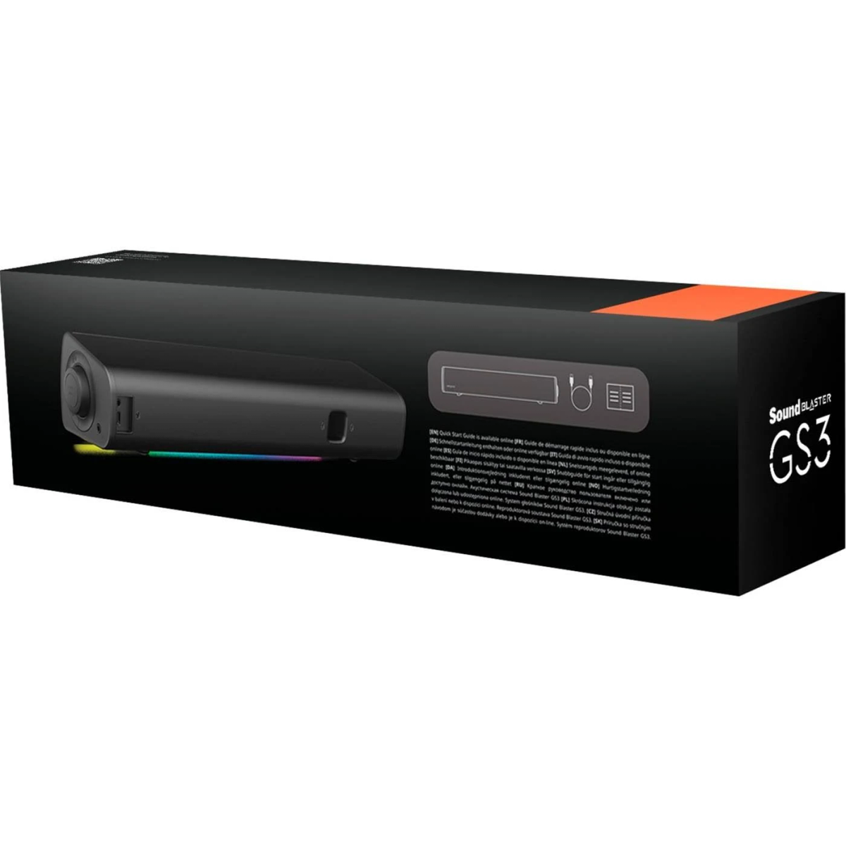 Un altoparlante Sound Blaster GS3 nella sua scatola. La scatola è nera con testo e una sezione arancione. L'altoparlante ha una striscia luminosa colorata.