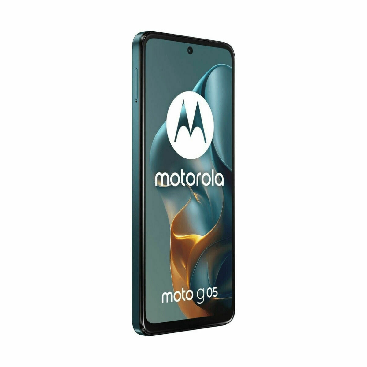 Smartfon Motorola Moto G05. Ekran wyświetla logo i abstrakcyjny design. Telefon jest turkusowy z czarną obwódką.