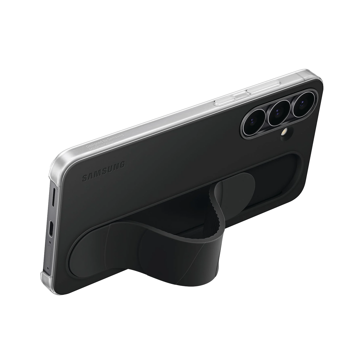 Czarny telefon Samsung ze srebrną ramką i czarnym uchwytem. Widoczne są trzy obiektywy aparatu. Tło jest czarne.