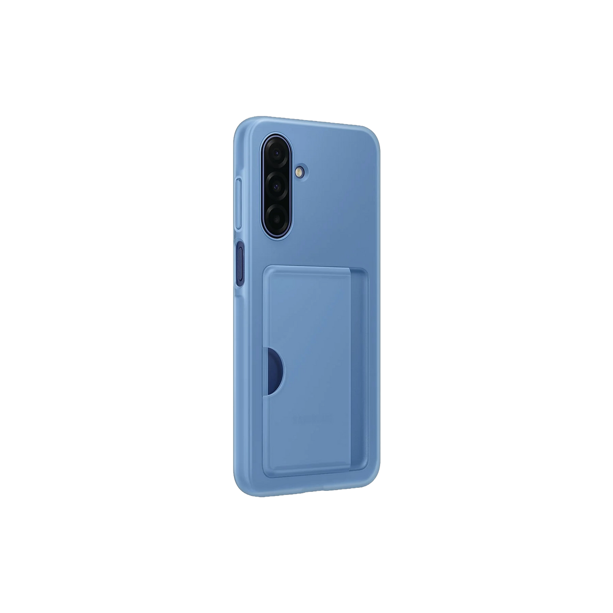 Una custodia blu per telefono con portacarte è mostrata su sfondo nero. Ha una fotocamera e dei pulsanti sul lato.