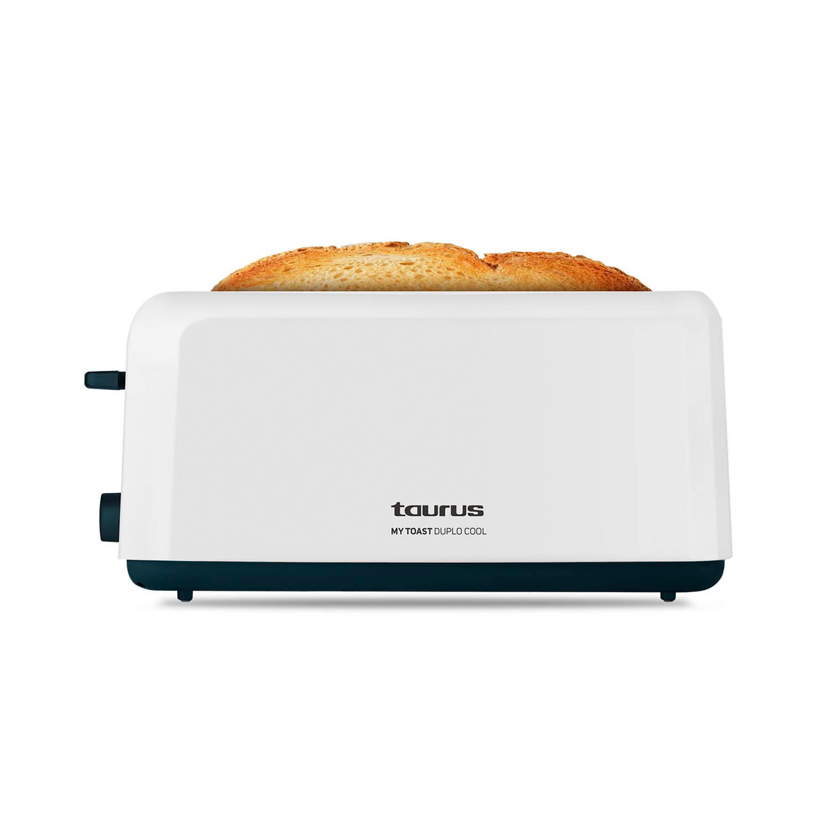 Biały toster Taurus z dwiema kromkami tostów. Toster ma czarne elementy sterujące i niebieską podstawę z napisem 'MY TOAST DUPLO COOL'.